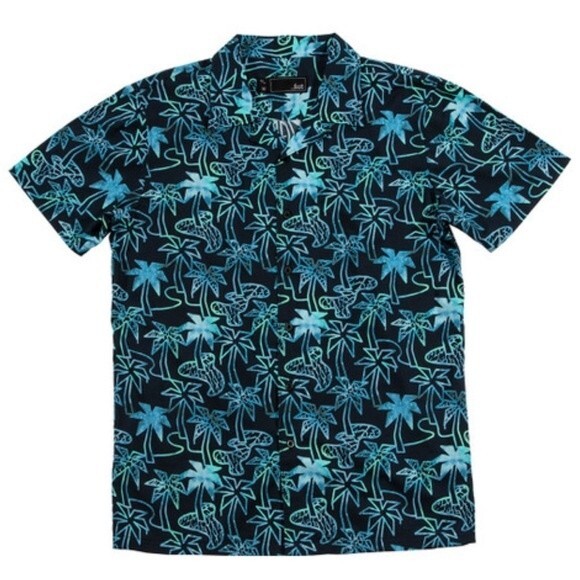 Lost Clothing Boy's Hawaiian Aloha Camper SS Woven Palm Tree Button Down Shirt L - Picture 1 of 6